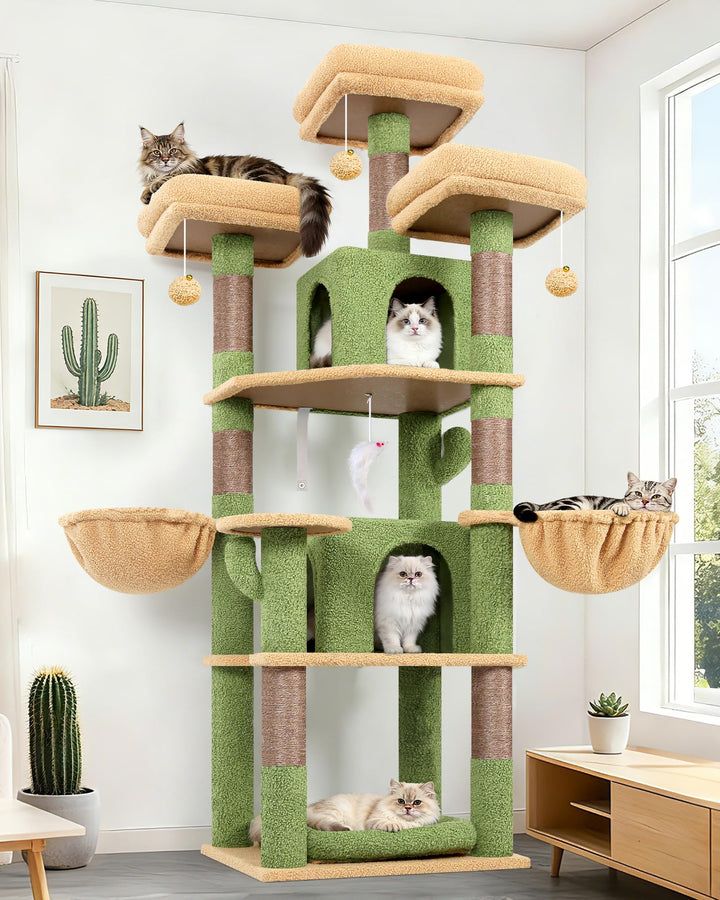 Globlazer Kratzbaum Grün Kaktus Stabil 174 cm mit 3 Gepolsterte Sitzstangen, 2 Katzenhaus, 2 Korb, A