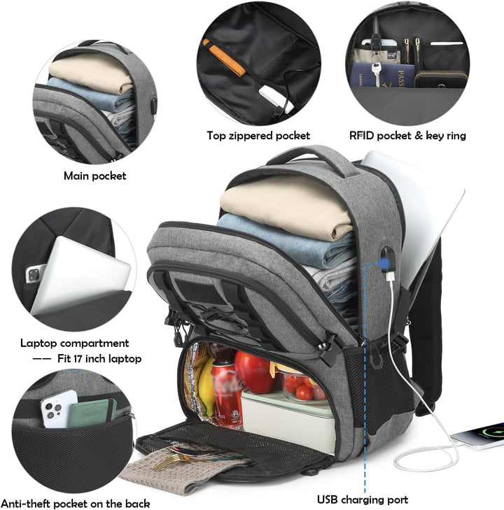 Herren Arbeit Rucksack mit Kühlfach 17 Zoll Laptop Rucksack mit USB Ladeanschluss Lunchrucksack für