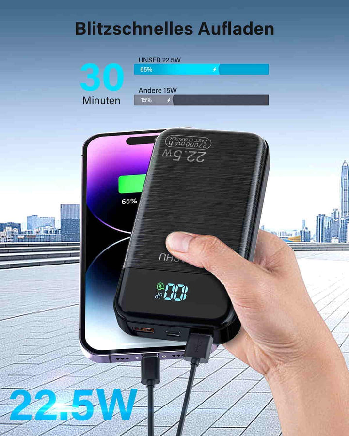 Power Bank 27.000mAh 22,5W Externer Handyakku PD20W Schnell Aufladende Powerbank USB C mit LED Displ