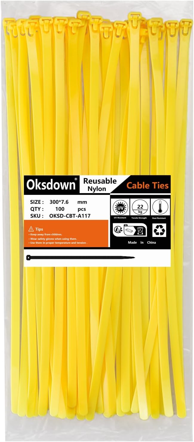 Oksdown Kabelbinder wiederverschliessbar Gelb 300 mm × 7,6 mm 100 Stück UV-Beständig Stark Gross Nyl