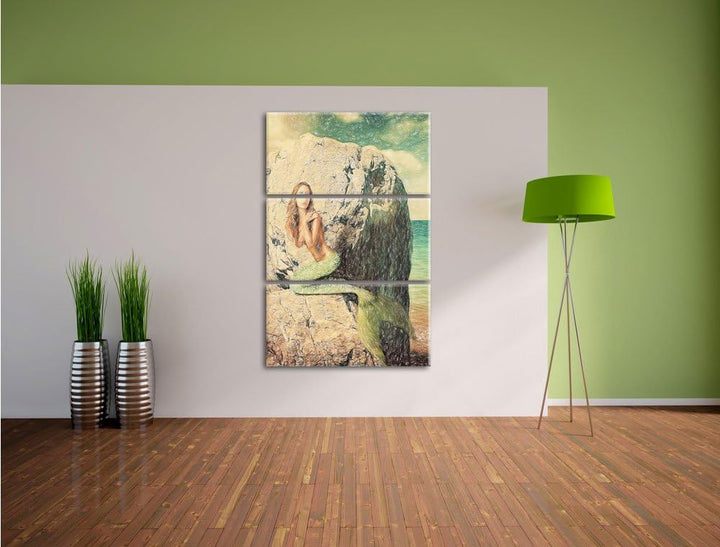 Pixxprint Meerjungfrau hinter Felsen als Leinwandbild/Grösse: 3 Teilig (120x80) cm/Wandbild/Kunstdru
