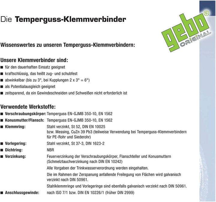 Gebo Armaturen Temperguss-Klemmverbinder I, IG 3/4 Zoll x 26,9 mm, 01.150.01.02