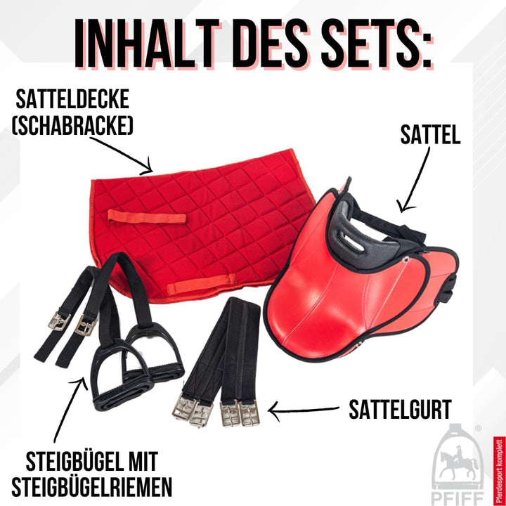 PFIFF 103106 Sattelset für Shettys oder Holzpferde, Komplettset, Kindersattel, Rot, Rot