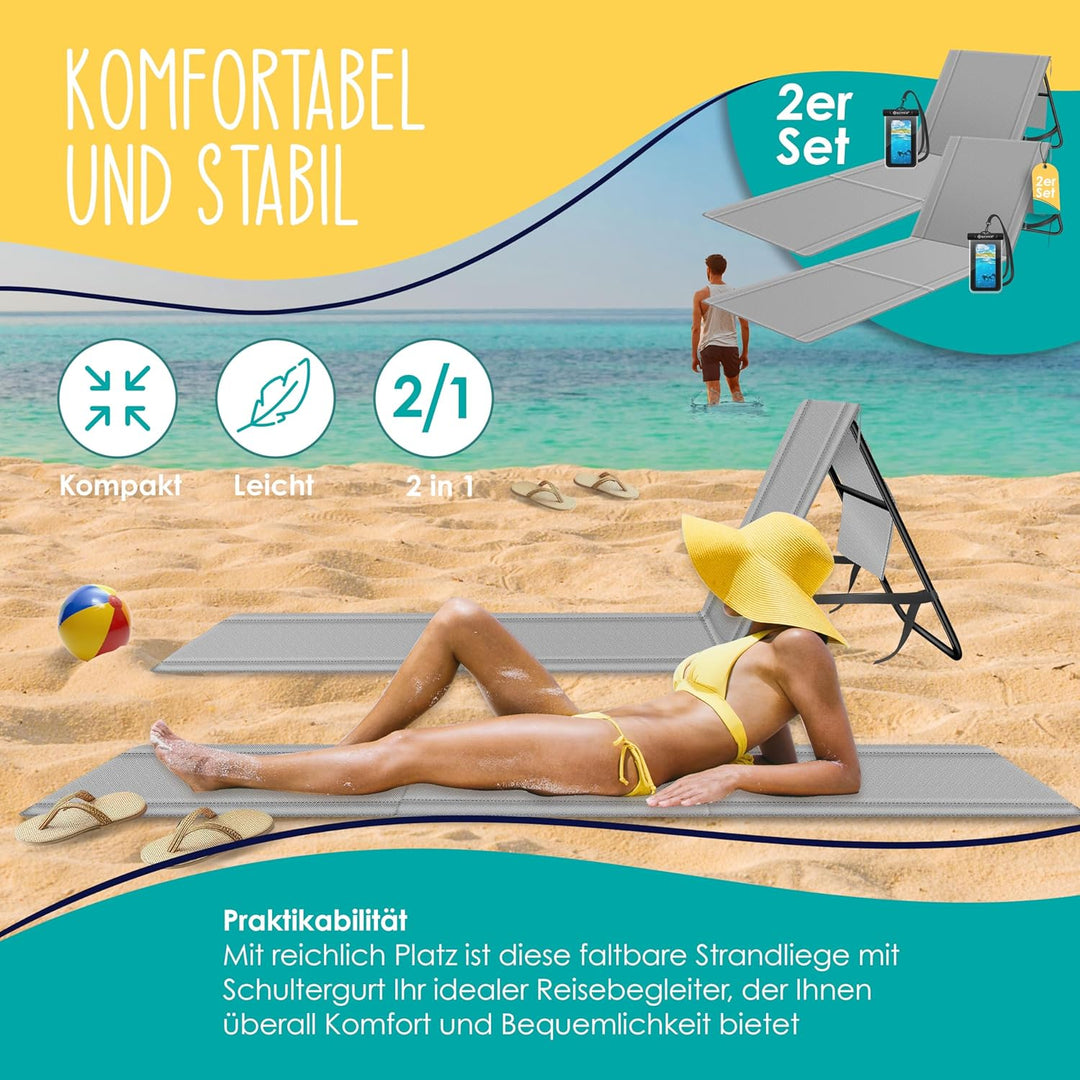 KESSER® 2er Set Strandmatte klappbar mit Verstellbarer Rückenlehne, Tragegurt, wasserdichter Tasche