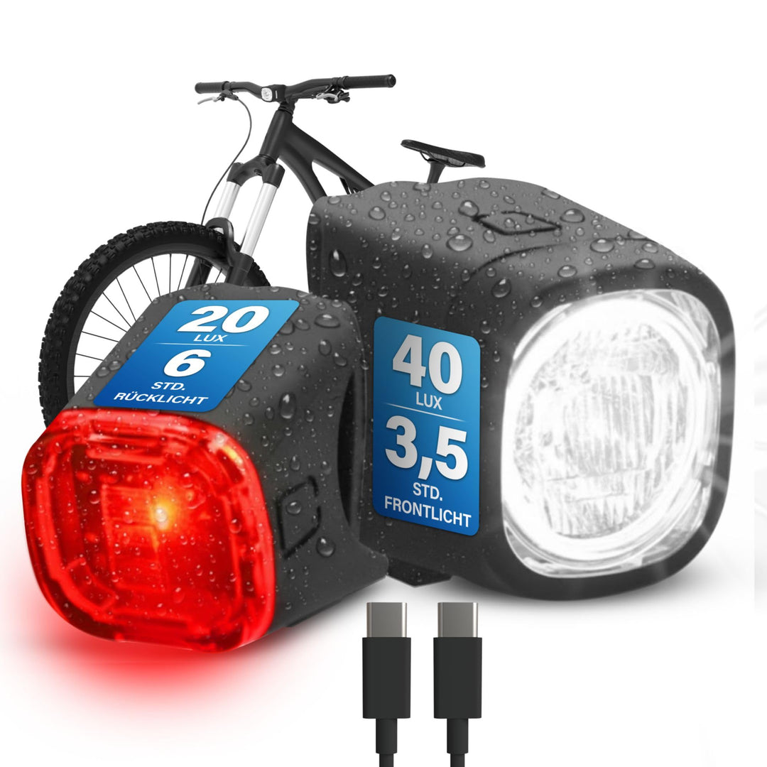Fischer Fahrrad Beleuchtungsset Square, 40/20 Lux, Front- und Rückleuchte, mit Akku, USB-Ladefunktio
