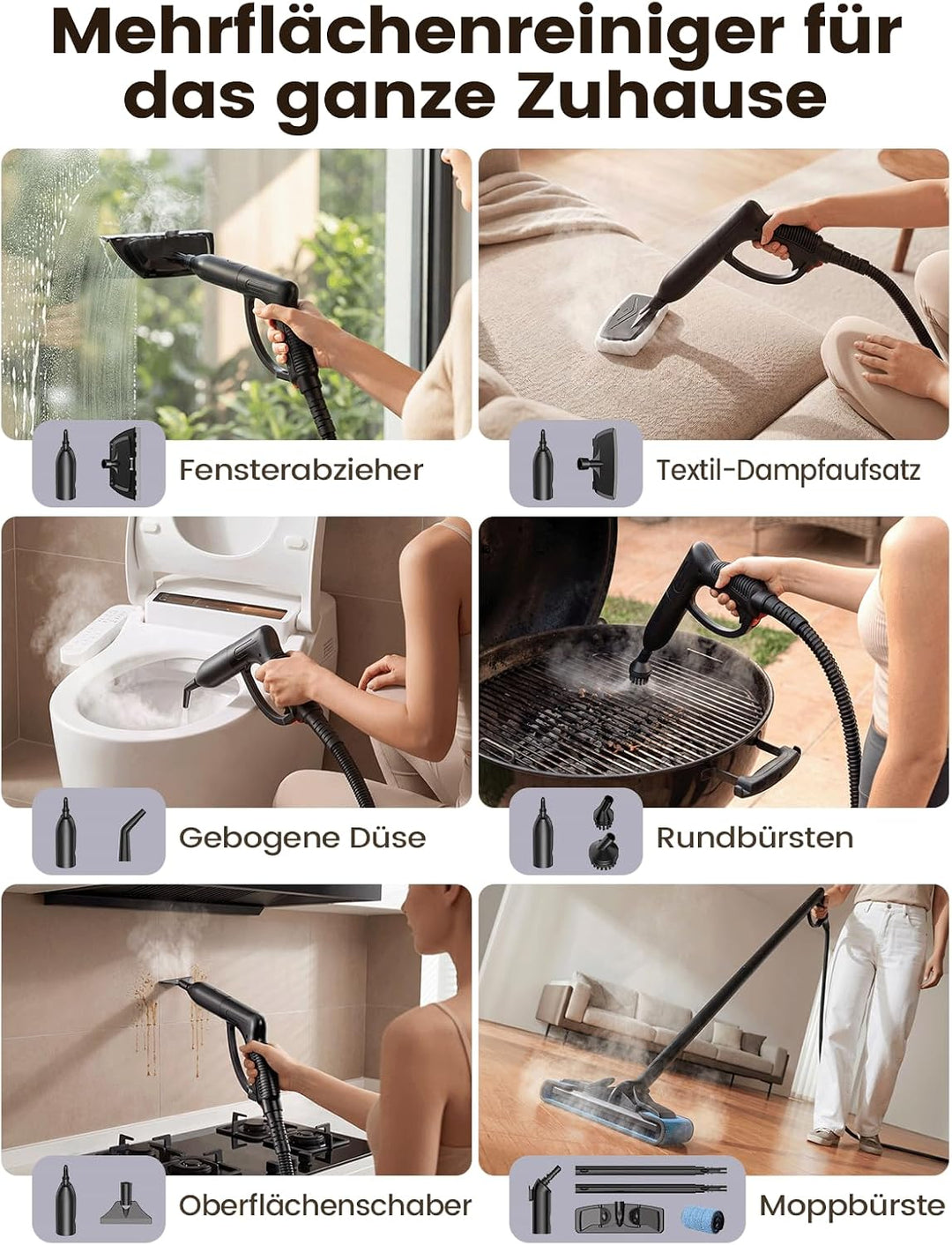 Dampfreiniger für Alles, 2000W mit 2L Tank, 16 Zubehörteilen, Weiss | Multifunktionaler Haushaltsrei