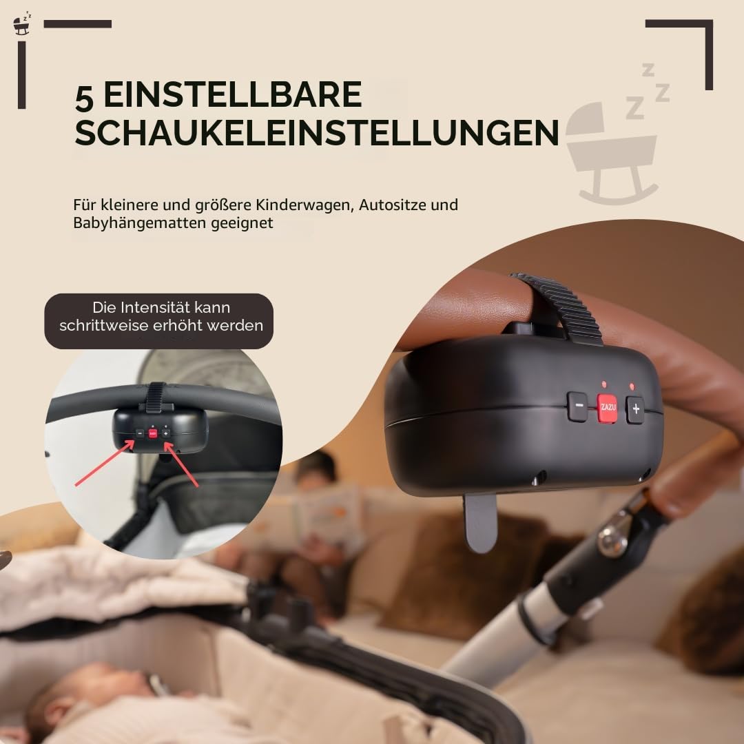 ZAZU Robby Kinderwagenschaukler - Automat. Babywippe, Verstellbare Stärke, 40-Min Timer, Babyschreis