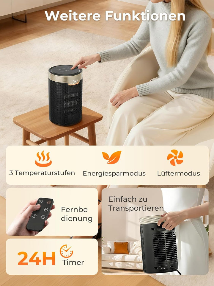 Heizlüfter Energiesparend, 1500W PTC Keramik Elektrischer Heizlüfter mit Thermostat, ECO-Modus, Leis