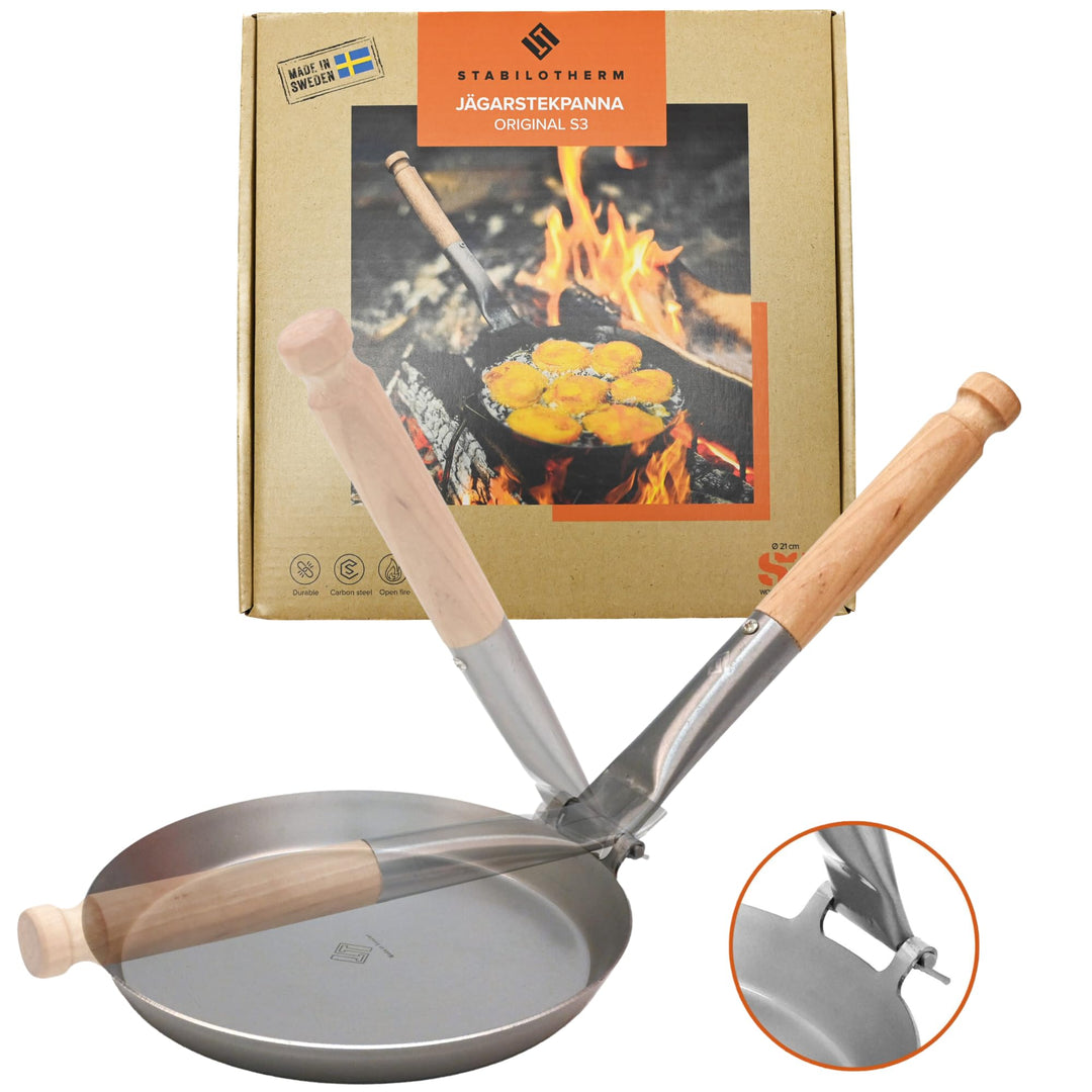 Stabilotherm Jägerpfanne mit Holz Klappgriff | zum Outdoor kochen & braten über offenem Feuer oder G
