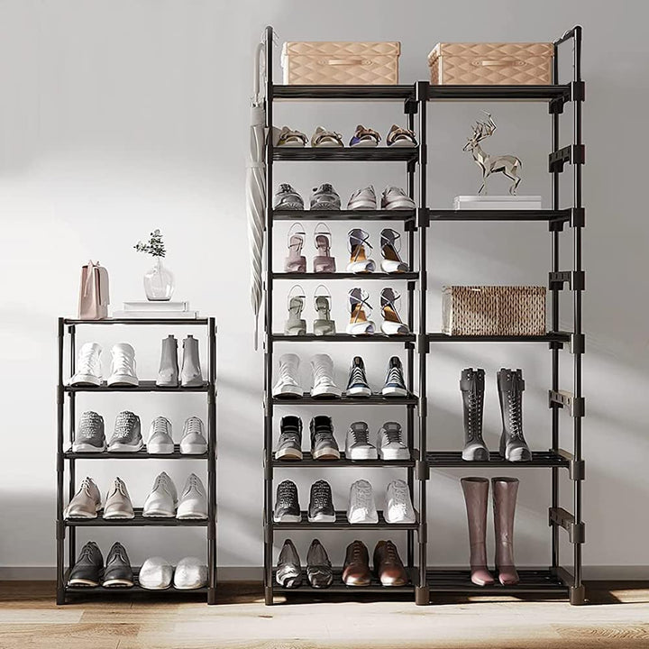 Schuhregal mit 9 Etagen, DIY, aus Metall, 50 – 55 Paar Schuhaufbewahrung, mit Haken für Wohnzimmer,