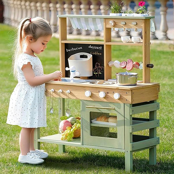 ROBOTIME Mud Kitchen Spielset für Kinder, Deluxe Outdoor-Holzküche mit funktionierendem Wasserhahn,
