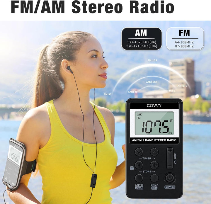 AM/FM Tragbares Radio,Covvy Digitales Pocket Mini Radio mit 500mAh 3.7V Wiederaufladbarer Akku und K