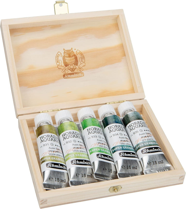 Schmincke – HORADAM® AQUARELL, Super Granulation Set Auen, 5 x 15 ml-Tuben, 74 867 097, Holzkasten,