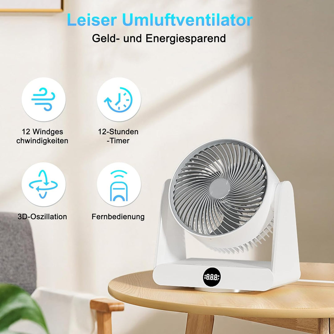 GuKKK Ventilator Leise, Tischventilator 28 DB, Starker Ventilator mit Fernbedienung, 3D Turbo-Luftzi
