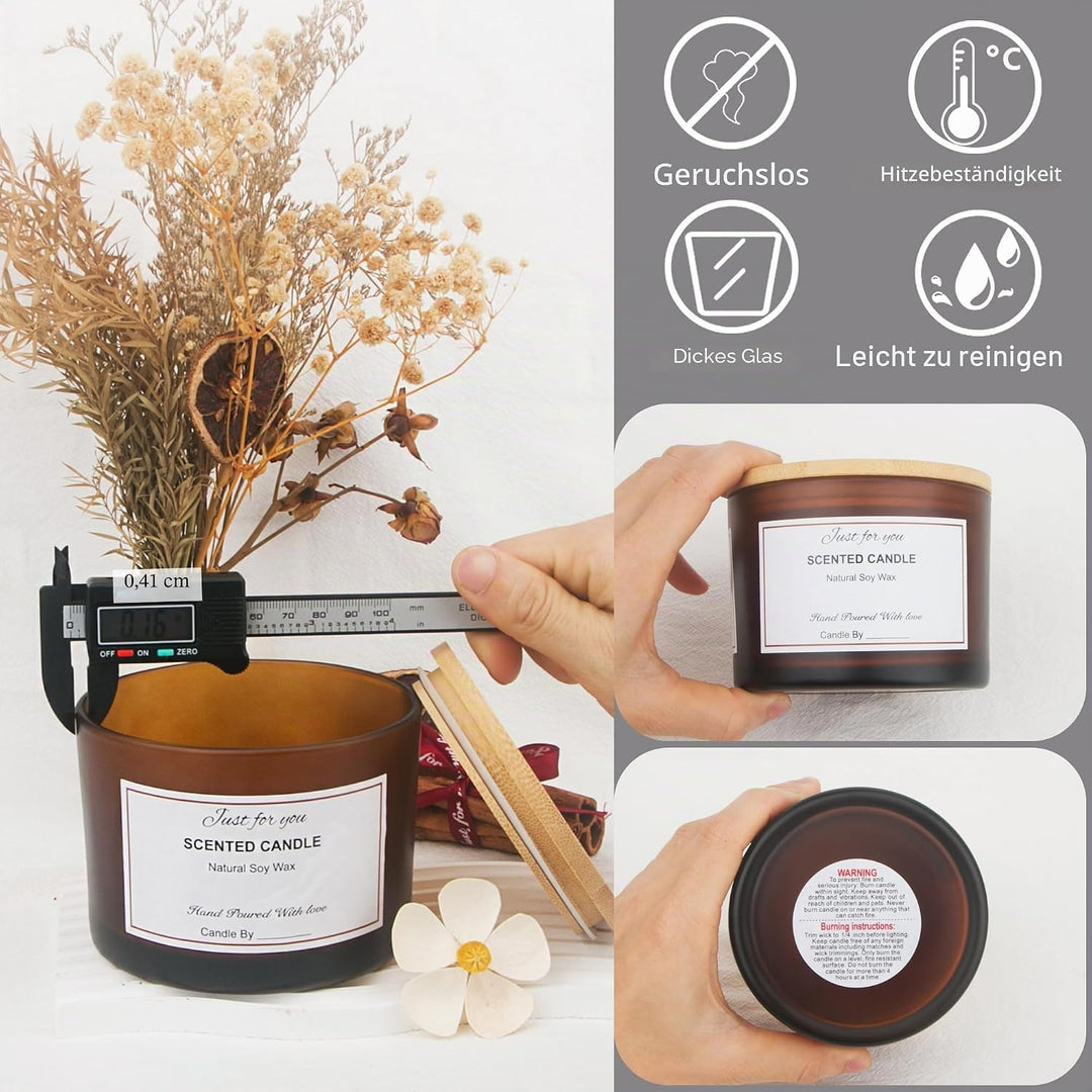 MILIVIXAY 6 x 473 ml Kerzengläser mit Bambusdeckel und Kerzenherstellungs-Kits – 3-Docht-Kerzenglas,
