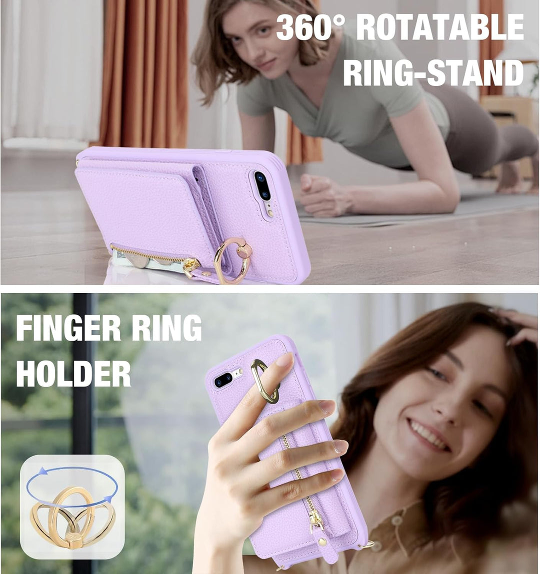 ELTEKER Handyhülle für iPhone 7 Plus/8 Plus Hülle mit Band Kartenfach Handykette Geldbörse,Leder Kla