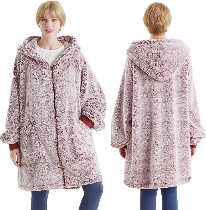 BEDSURE Hoodie Decke mit Ärmeln - Sherpa Deckenpullover mit Reissverschluss und Kapuze Rot, Tragbare