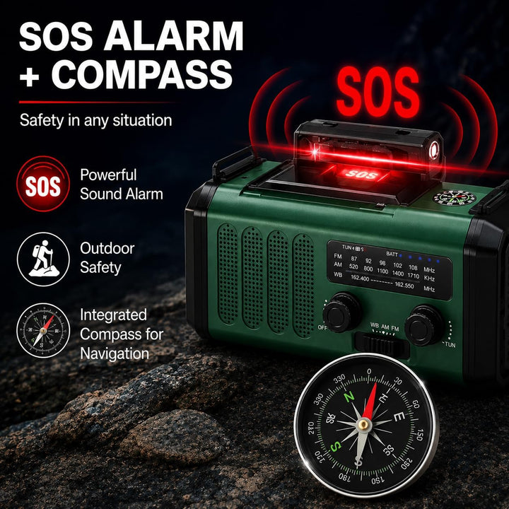 20000 mAh tragbares Notfall-Radio, SOS-Alarm, FM/AM-Radio mit Leselampe, Kompass, Kurbelgenerator un