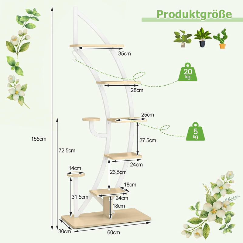 RELAX4LIFE Pflanzenständer Halbmondförmig, 6-Stufiges Blumenregal mit Ablagen Haken, Blumenständer m