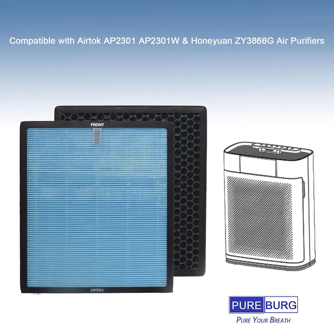 PUREBURG Ersatzfilter kompatibel mit Airtok AP2301 AP2301W Luftreinigern, 2er-Pack, H13 HEPA-Aktivko
