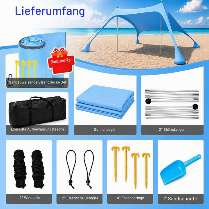 Strandzelt mit Strandmatte, LSF 50+ Hochschutz, 2x2x2m, Himmelblau | inkl. Sandanker, Alu-Stangen &amp;