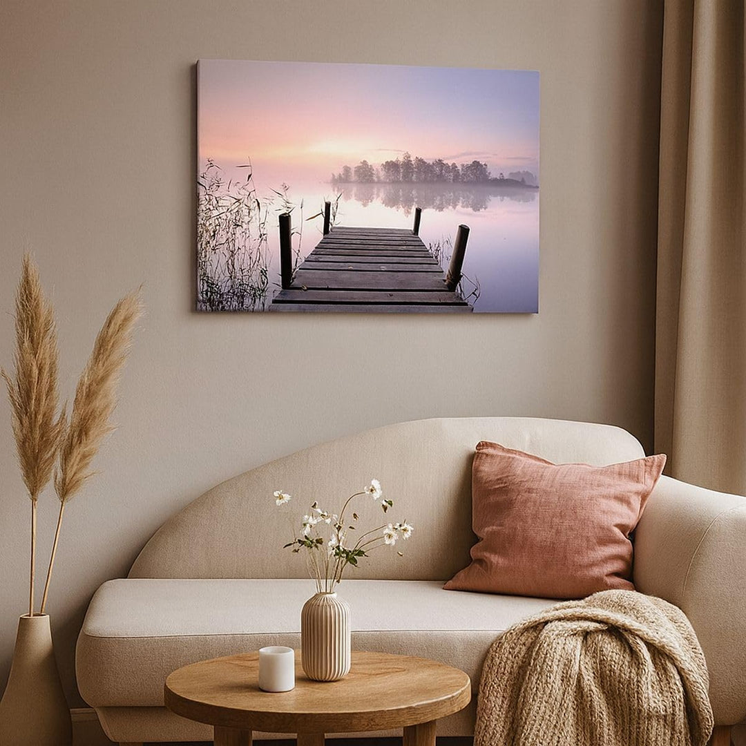 Bilder auf Leinwand 100x70cm Leinwandbild Morgen Sonnenaufgang Nebel See Gross Wanddeko Bild Schlafz