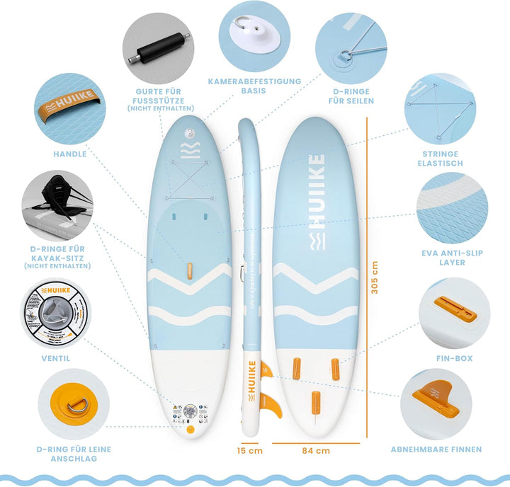 HUIIKE Stand Up Paddling Board mit Zubehör, Paddel, Finnen, Leash, Pumpe, Rucksack. SUP-Board Aufbla