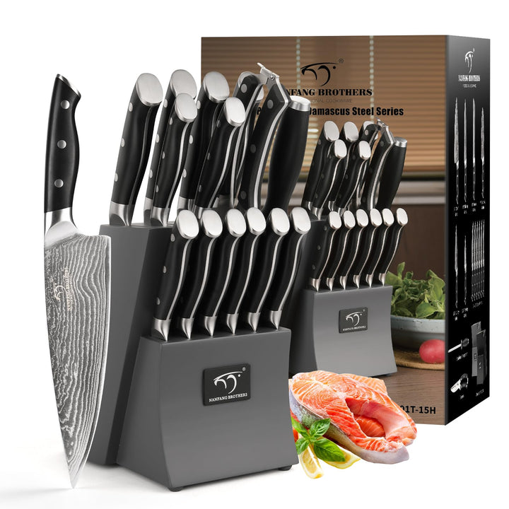 NANFANG BROTHERS 15er Damastmesser Set Damastmesser Set mit Buchenholzmesserblock, Messerblock mit M