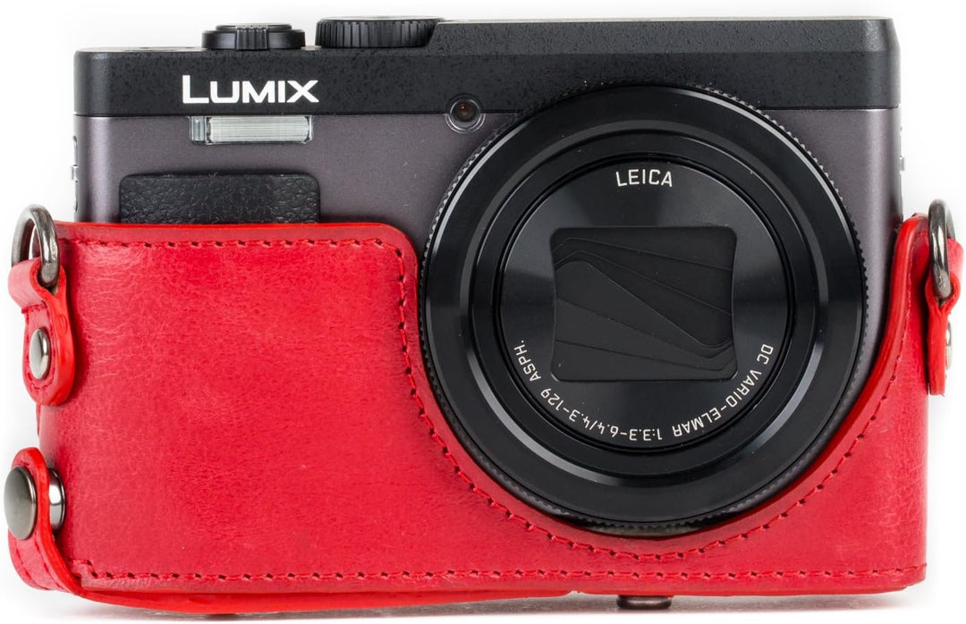 MegaGear MG1262 Panasonic Lumix DC-TZ95, DC-TZ90 Ever Ready Leder Kamera-Case mit Trageriemen - Rot,