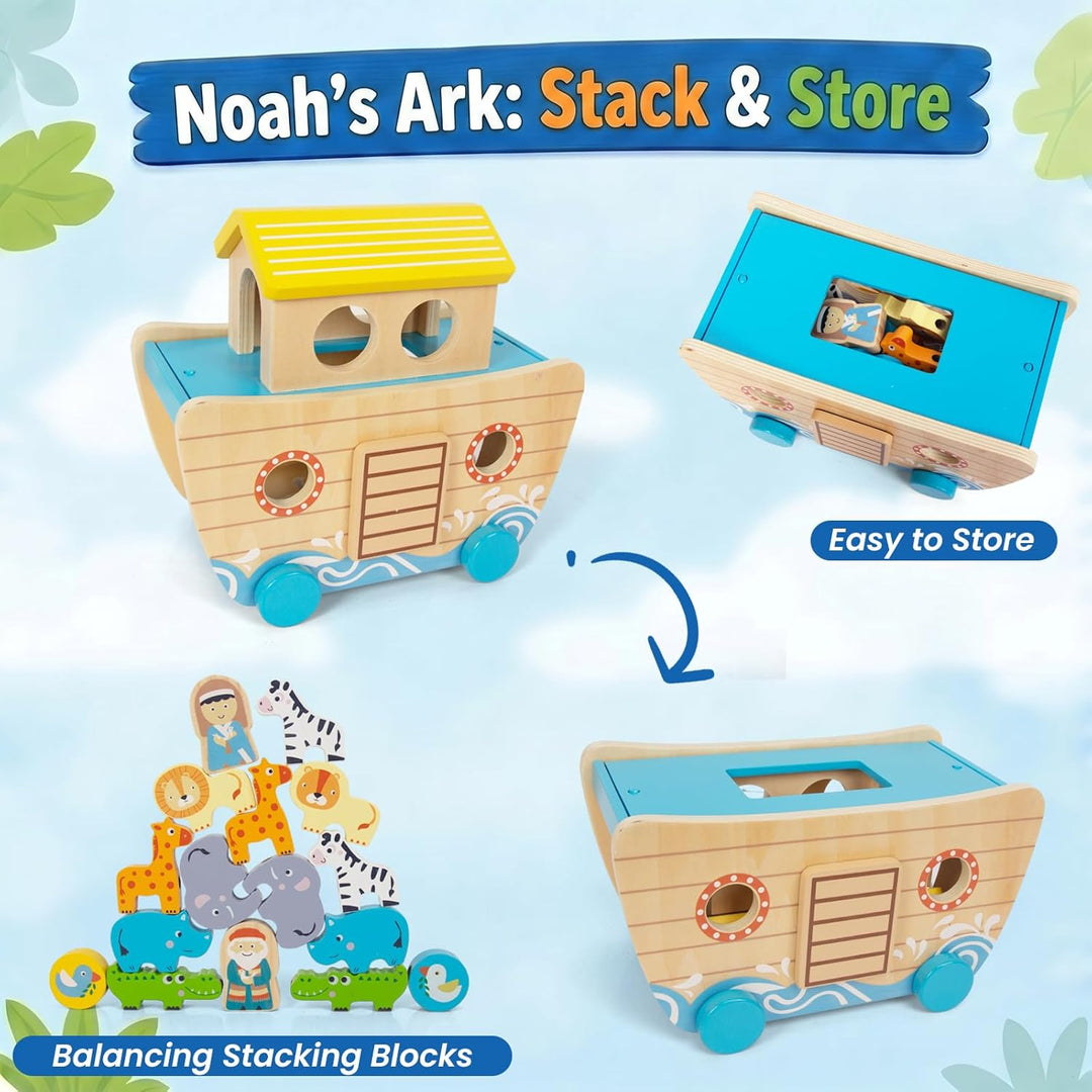 Holz Noah's Arche Spielzeug Montessori Tierseil Klassifikation Stapeln hölzerne ziehen entlang Klein