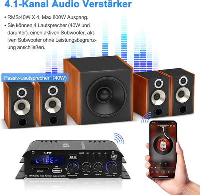 S-299 4.1-Kanal HiFi Verstärker, RMS 40Wx4+50W Bluetooth Mini Audio Verstärker Max. 800W Leistung Pa