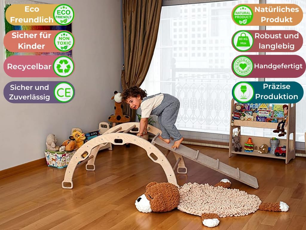 Montessori Kletterbogen | Bogen mit zweiseitiger Leiterrampe & Kissen | Kletterbogen aus Holz | Klet