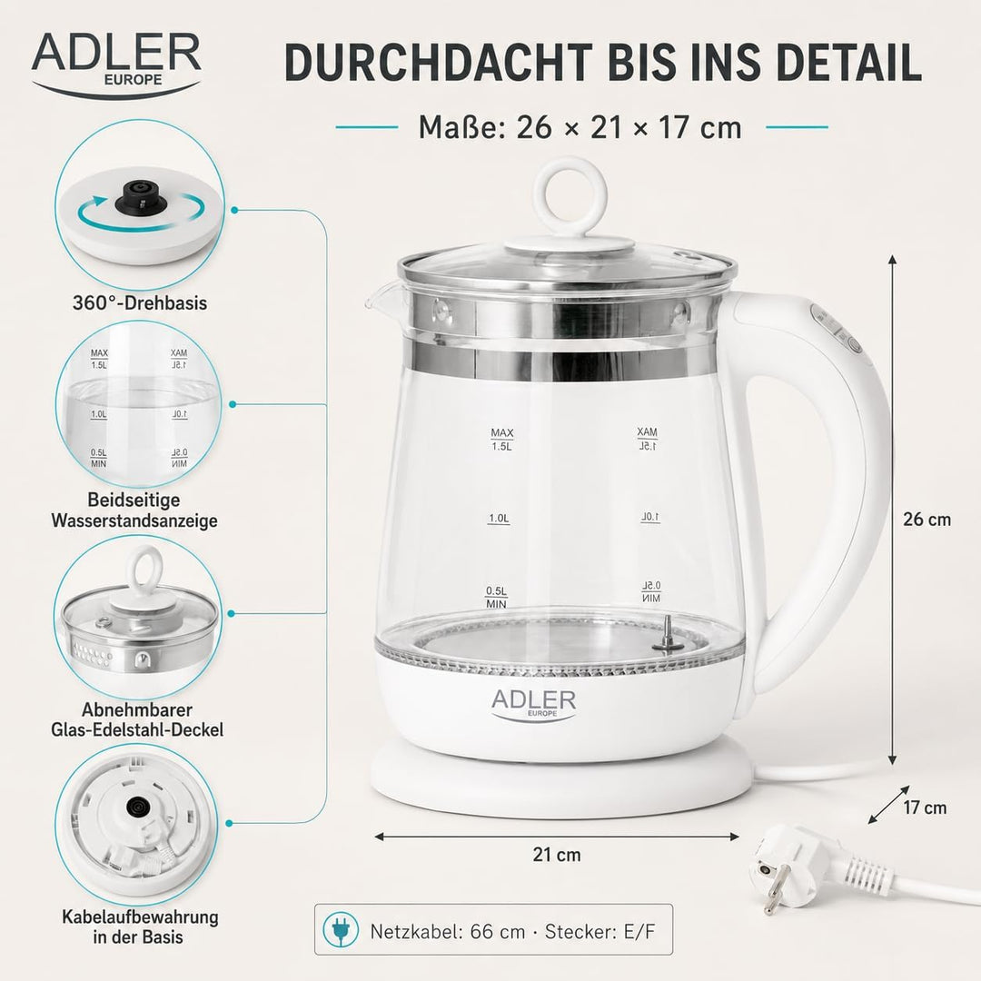 ADLER AD 1299 Elektrischer Wasserkocher aus Glas 1,5 Litern, Beleuchteter Innenraum, Teesieb, Temper