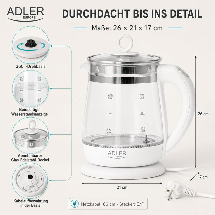 ADLER AD 1299 Elektrischer Wasserkocher aus Glas 1,5 Litern, Beleuchteter Innenraum, Teesieb, Temper