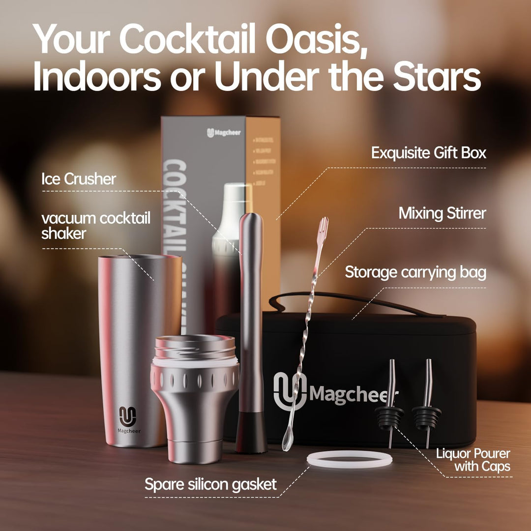 Cocktail Shaker Set mit Integrierter Massskala 900ml Premium Edelstahl Frostsicherer Doppelwand-Bark