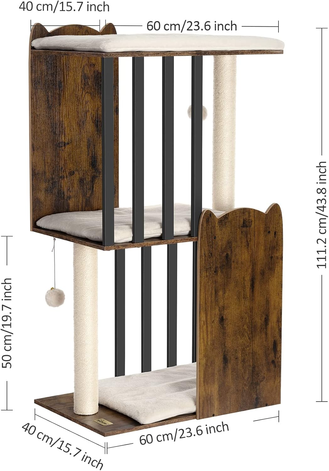 FourFurPets 3-stufiger moderner Kratzbaum, 111 cm hoch, Katzenbaum, mit 2 Voll Sisal Kratzsäulen, 3