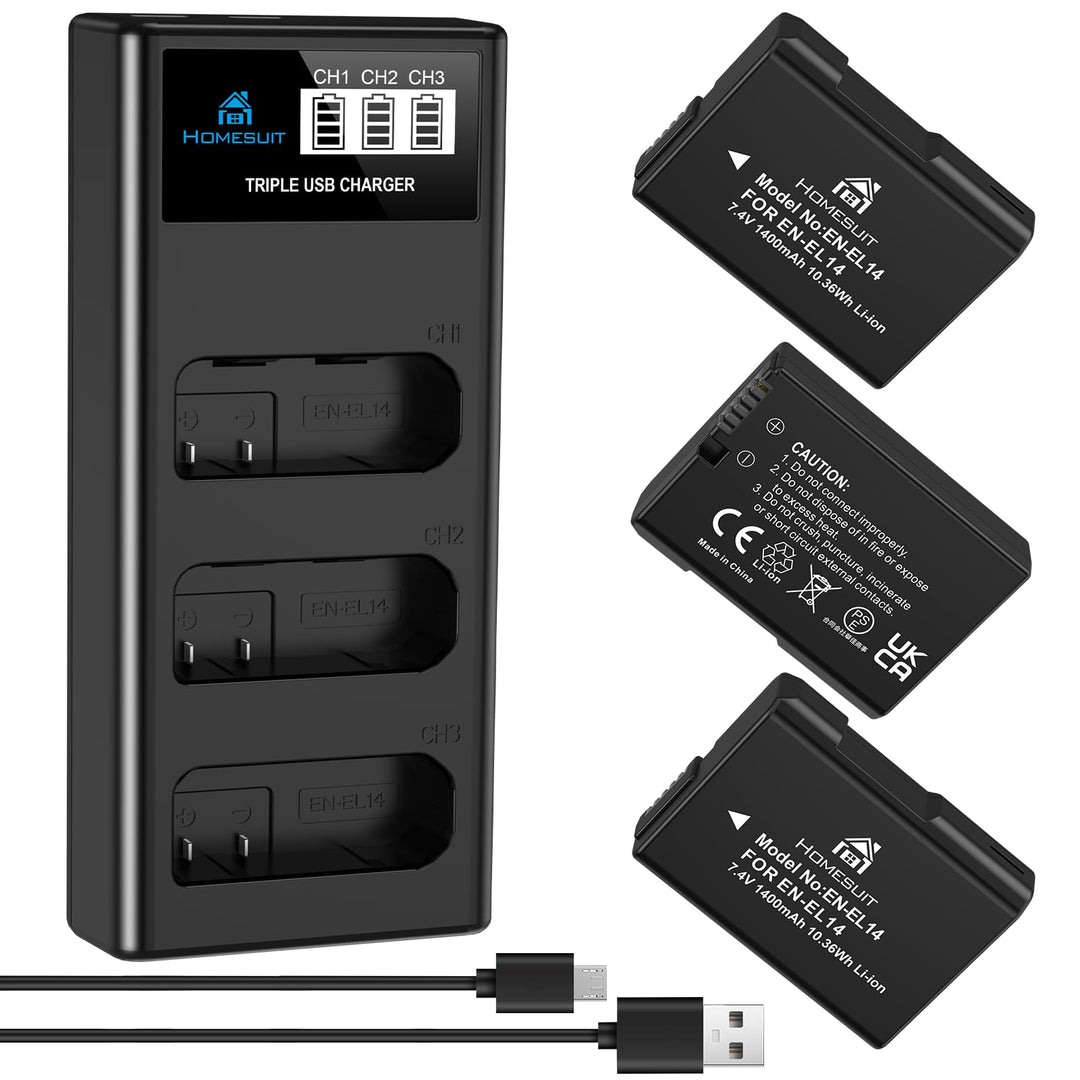 Homesuit 1400mAh EN-EL14 EN-EL14a Akku und DREI Schlitze LCD Ladegerät Kit für Nikon D3500 D3400 D33