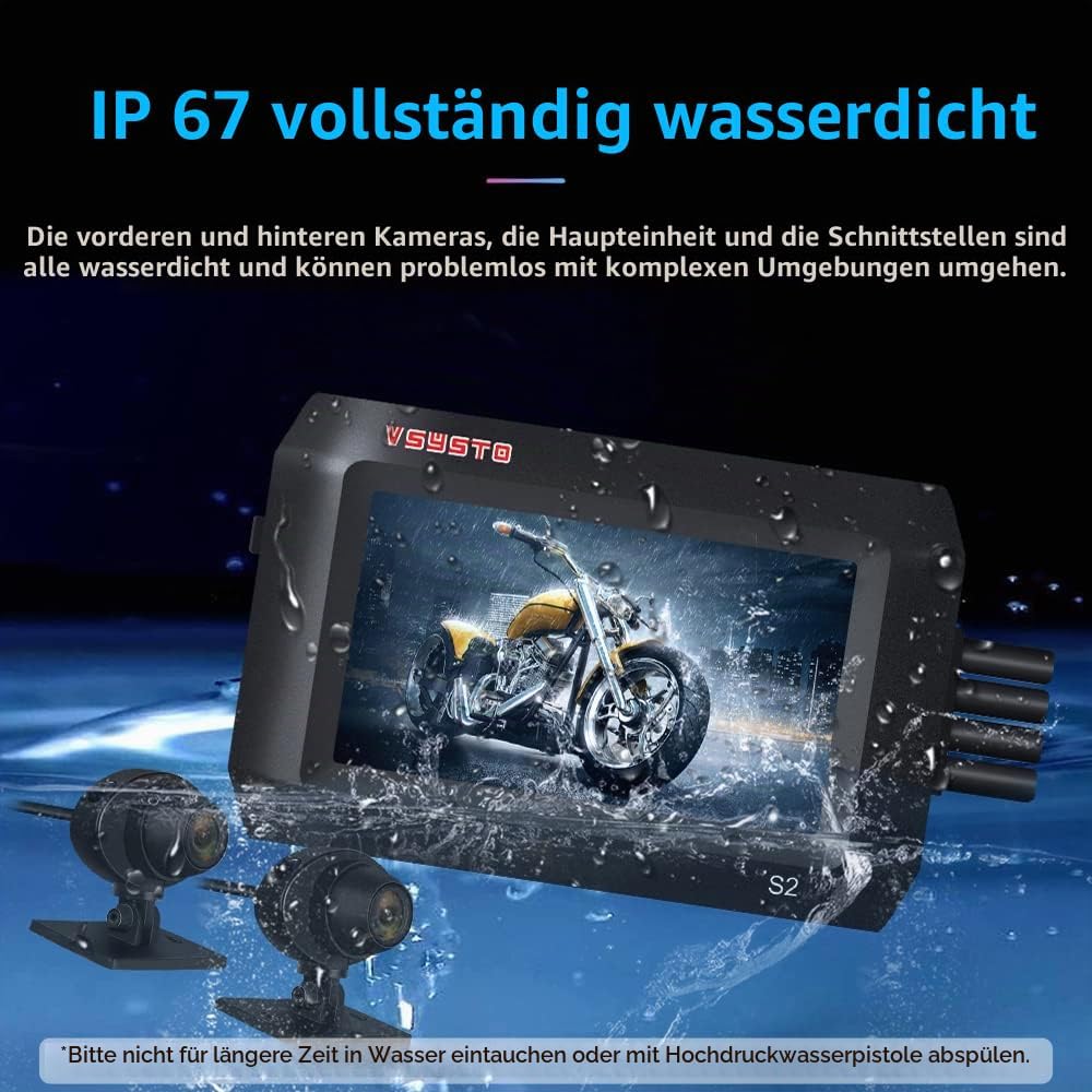 VSYSTO Motorrad-Dashcam, Duale 1080P-Front- und Rückfahrkamera 3-Zoll-IPS-Bildschirm 140 ° Weitwinke
