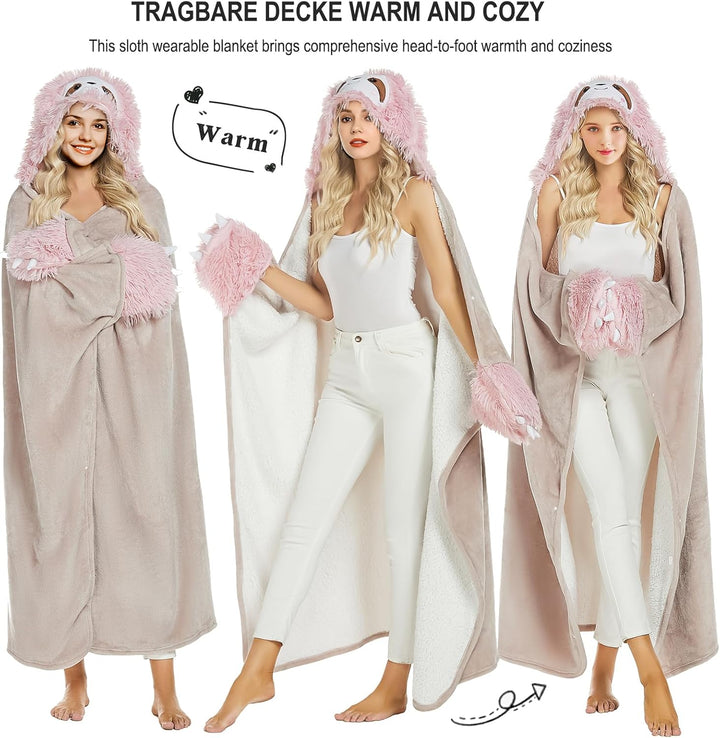 MSISILY Faultier Decke mit Ärmeln Und Kapuze, Faultier Geschenk für Frauen, Personalisierte Decke Fl