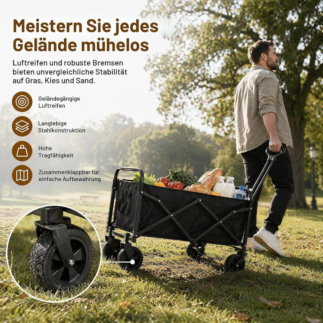 Klappbarer Bollerwagen 100L, Faltbarer Transportwagen bis 150kg/330lbs, Strandwagen mit Verstellbare