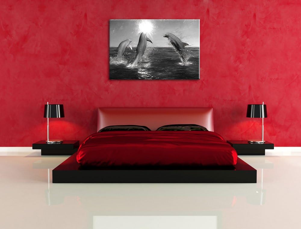 Pixxprint springende Delphine im Meer Kohle Effekt, Format: 100x70 auf Leinwand, 100x70