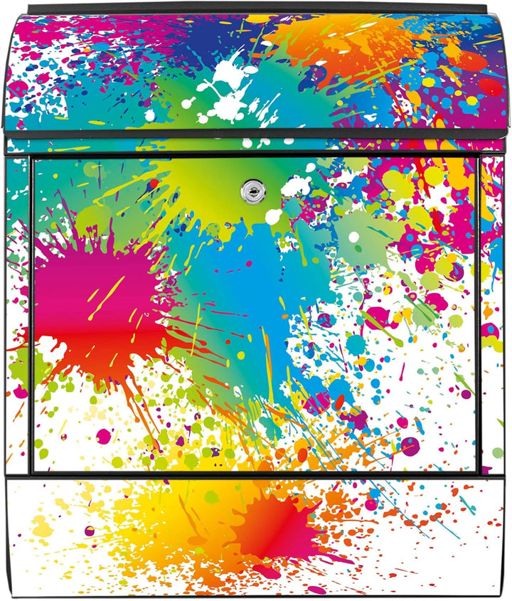 banjado® Design Briefkasten mit Motiv Farbspritzer 39x47x14cm &amp; 2 Schlüssel - Briefkasten Stahl schw