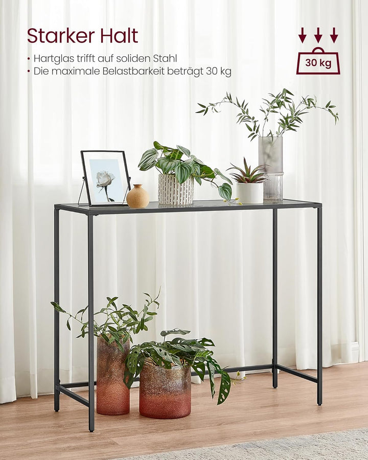 VASAGLE Konsolentisch, Beistelltisch, Oberfläche aus Hartglas, moderner Sofatisch, einfacher Aufbau,