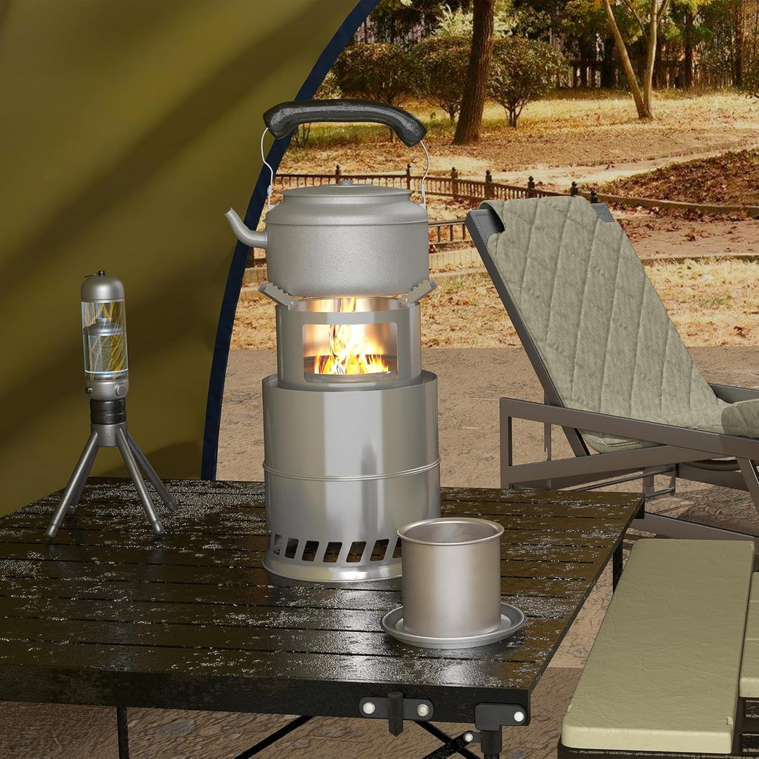 Holzofen Campingkocher aus Edelstahl, Hobo Kocher mit rutschfestem Topfständer für Pfannen, Töpfe &
