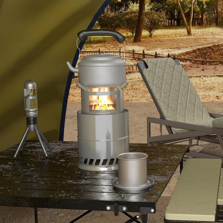 Holzofen Campingkocher aus Edelstahl, Hobo Kocher mit rutschfestem Topfständer für Pfannen, Töpfe &