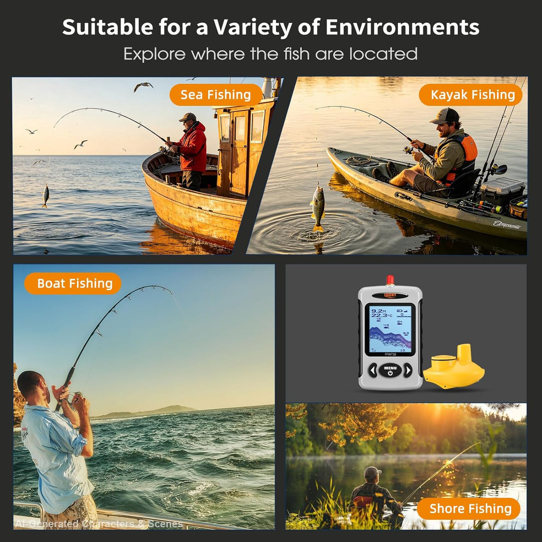 LUCKY Drahtloser Fischfinder Sonarsensor Tragbarer Sonar Fischfinder LCD Display Tiefenmesser zum An
