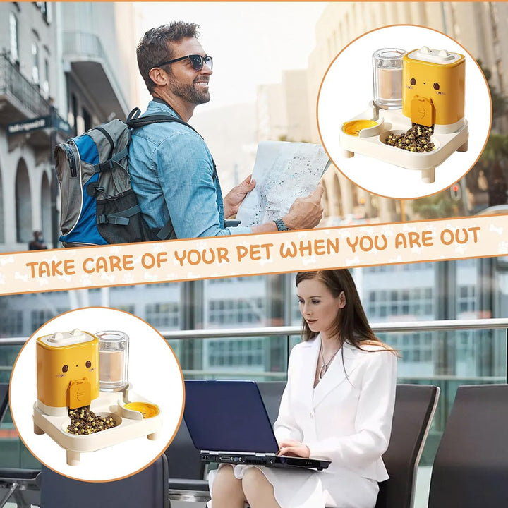 Wasserspender Futterspender für Katze und Hund, 2-In-1 Automatischer Trockenfutterspender, Automátic