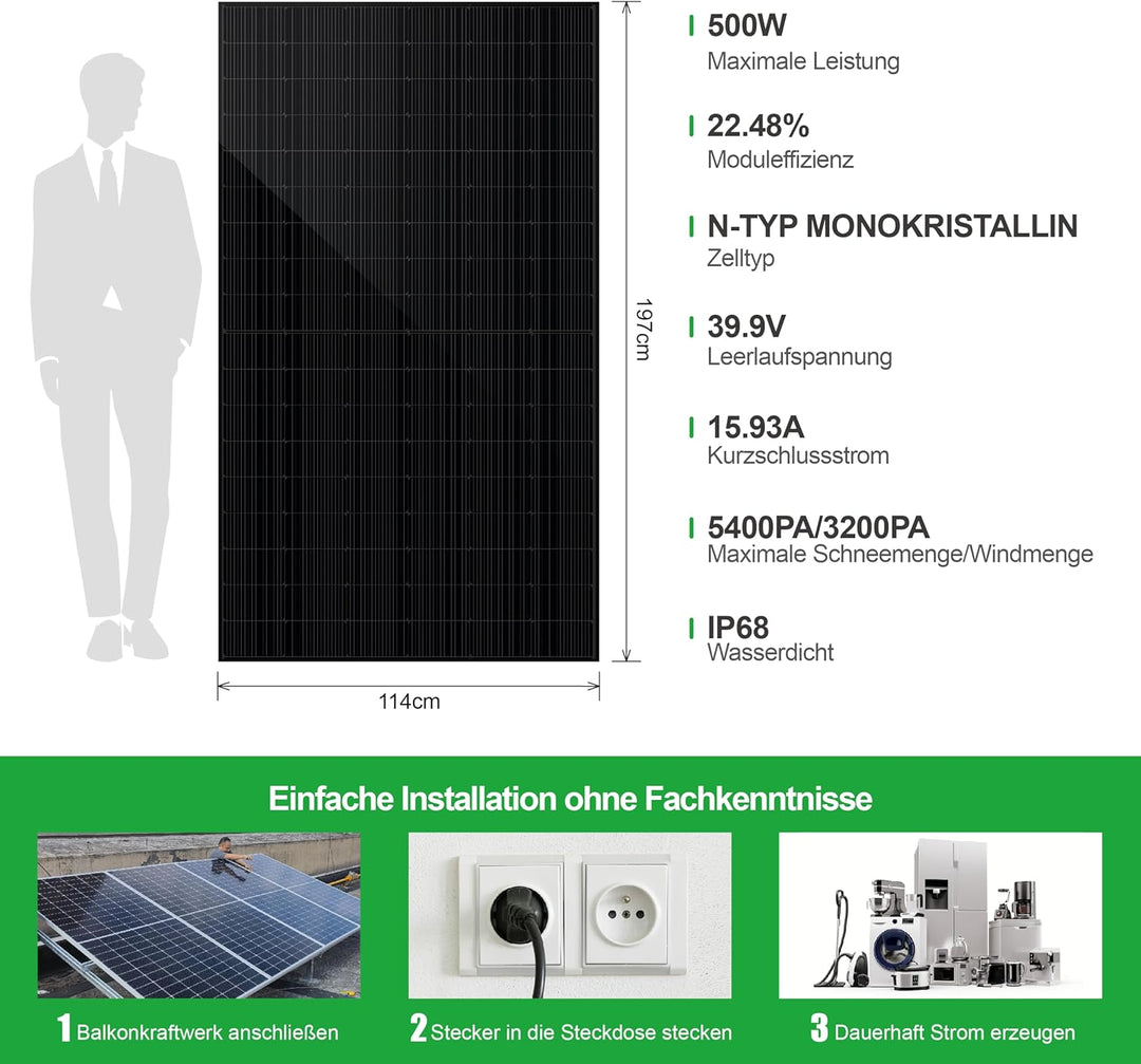 SAKETE Solarmodul 500W X 29, N-Typ Full Black Solarpanel mit Halbzellen-Technologie, geeignet für Ba