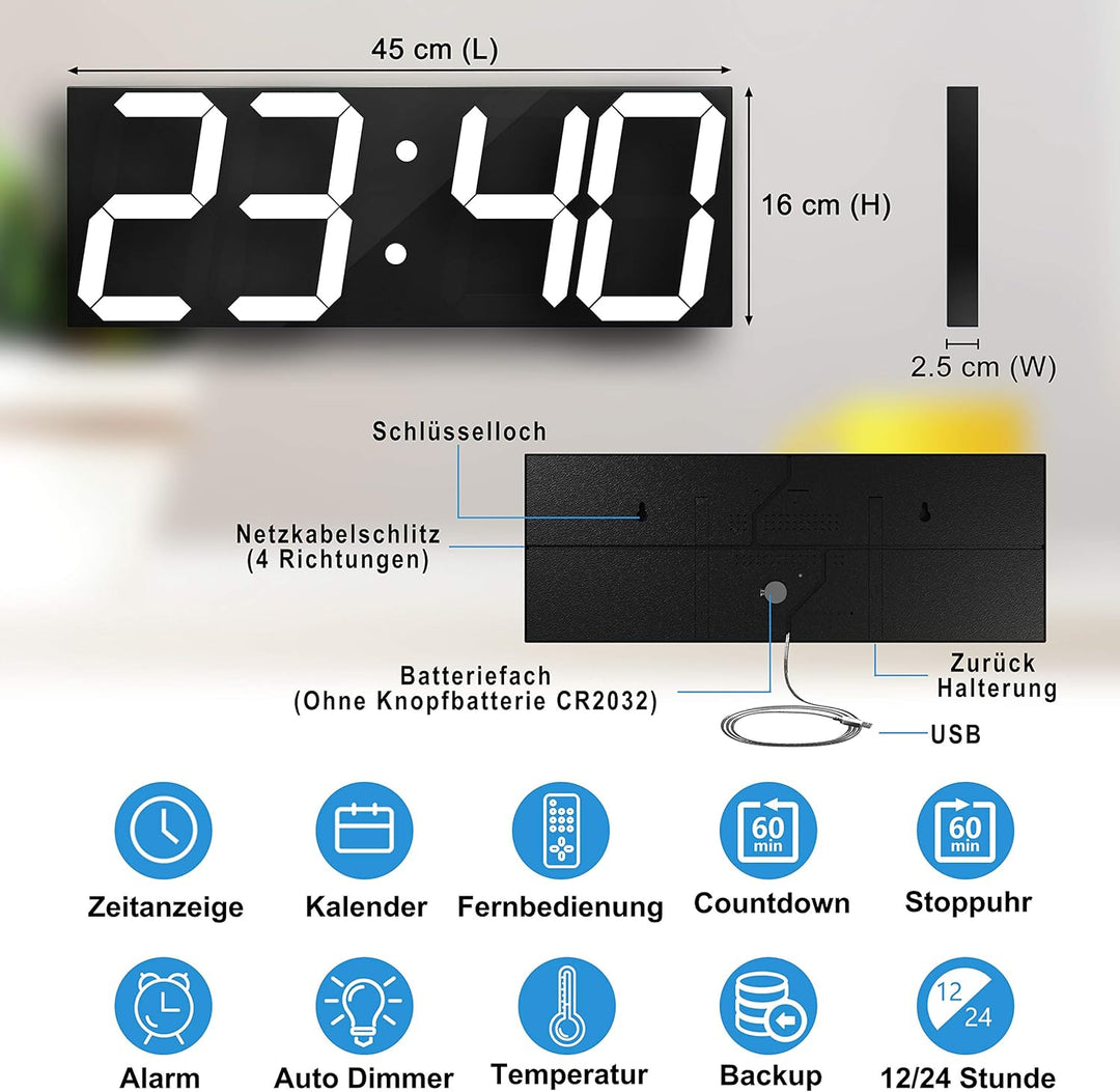 LED Digitale Uhr Grosse Wanduhr mit 18-Zoll-LED-Anzeige, Countdown-Uhr mit 8 einstellbaren Helligkei