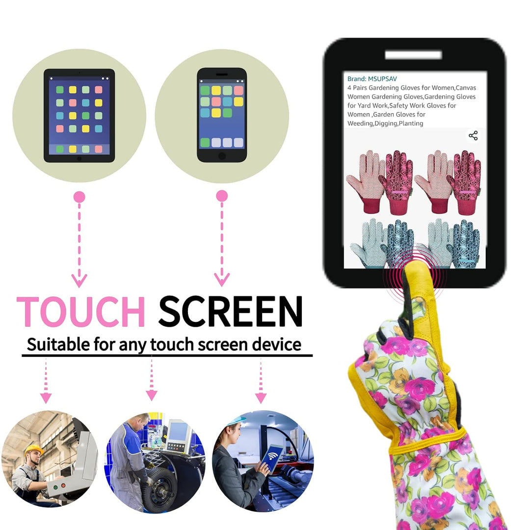 Gartenhandschuhe aus Leder für Damen, lange Manschette, Gartenhandschuhe mit Touchscreen-Design, Sic